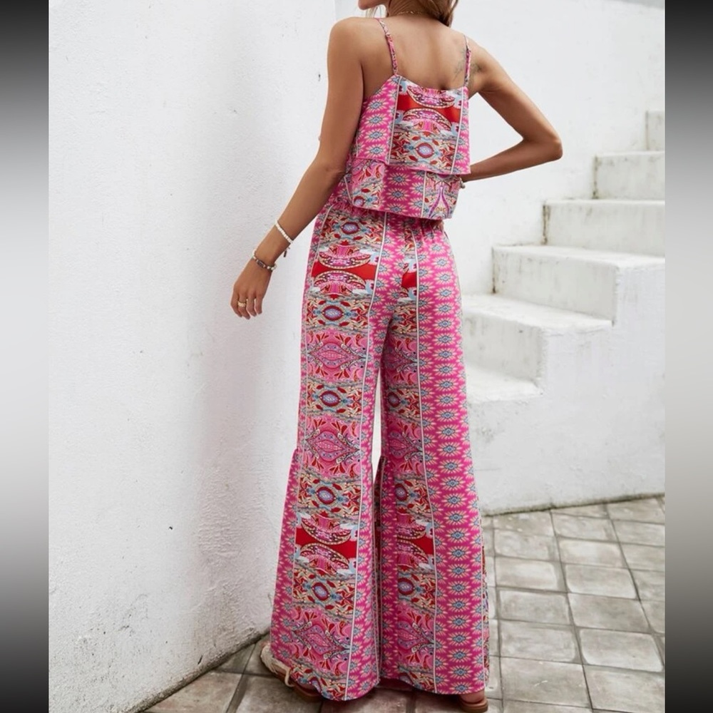Boho Floral Paisley Ruffle Print Wide Leg Palazzo Pants Crop Cami Top Set Pink - Picture 3 of 9